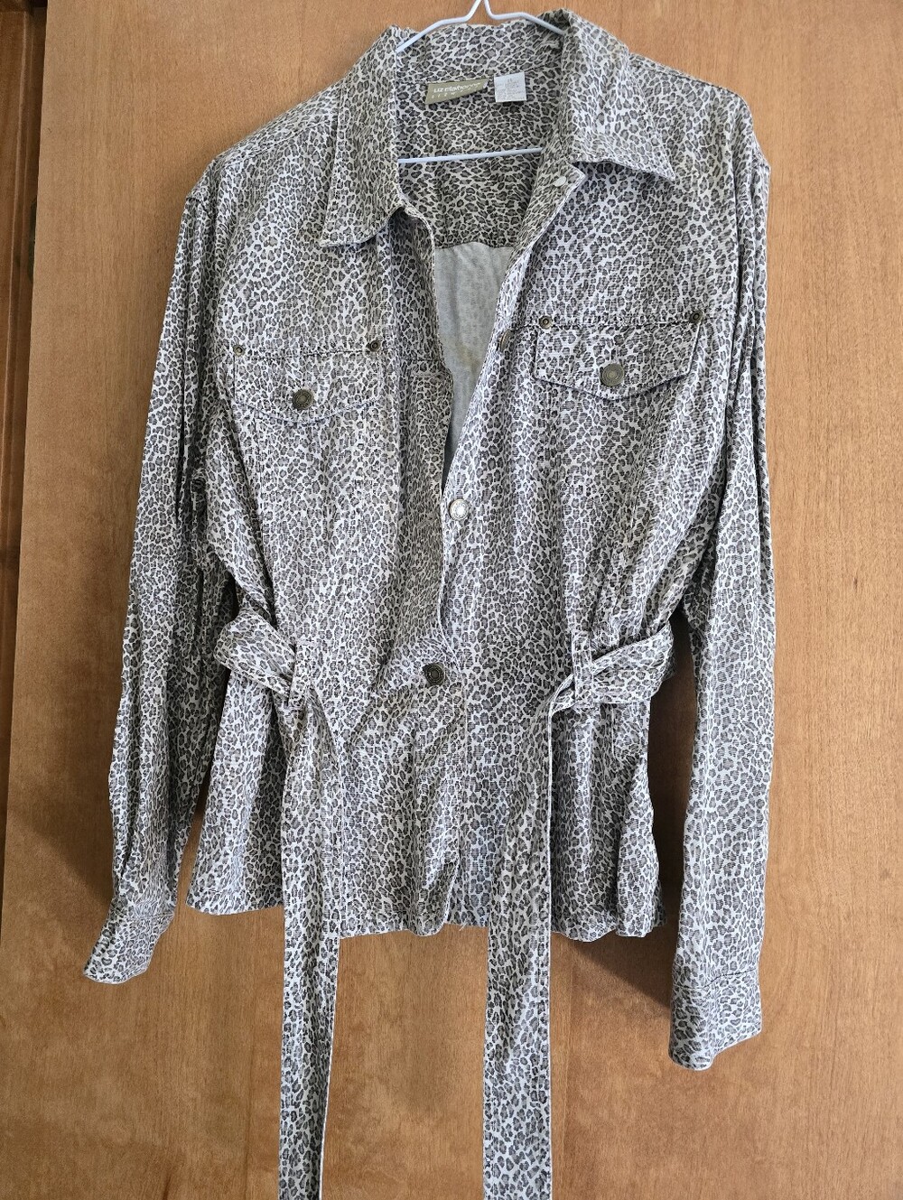 Liz Claiborne Gray & White Leopard Print Tie-Waist Jacket